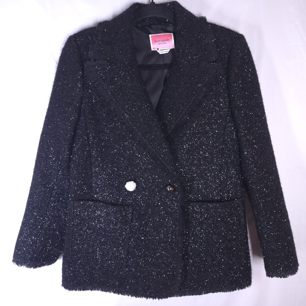 Kate Spade Tinsel Tweed Blazer Black Metallic Wool Blend Double Breasted Sz 2